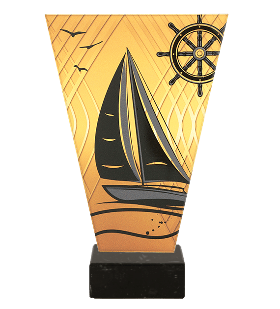 Monochromatyczne trofeum szklane na podstawie marmurowej - ŻEGLARSTWO